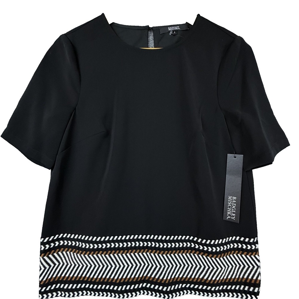 Badgley Mischka Blouse Top Womens 2 Black Geometric Tribal Oversized Flowy